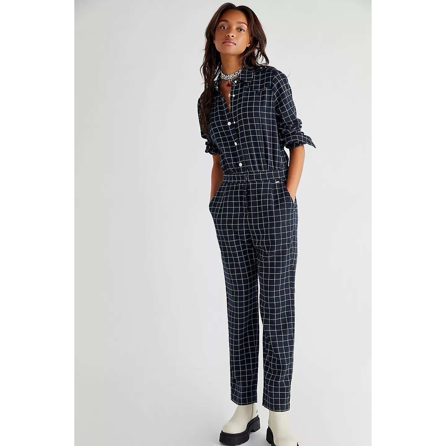 Scotch & Soda Xs All In One Check Plaid Jumpsuit Utility Navy Blue & White